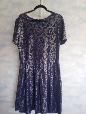 LuLaRoe Navy and Silver Short Sleeve Fit & Flare Dress